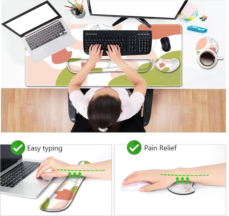 AIMSA Keyboard & Mouse Pad Set, Extended Desk Mat + Ergonomic Mouse & Keyboard Wrist Rest Support, 35x15.7in Abstract Green Pink Art - Image 3